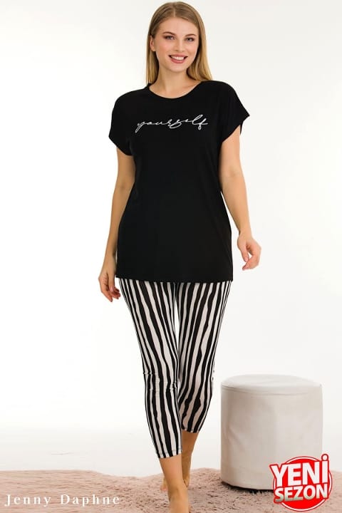 Çizgili Kapri Pijama Takımı Kadın Lady 12054 - Siyah