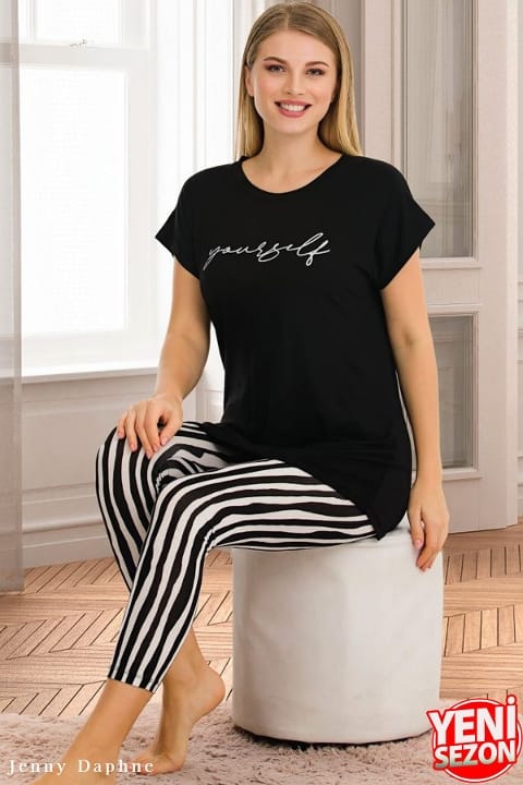 Çizgili Kapri Pijama Takımı Kadın Lady 12054 - Siyah