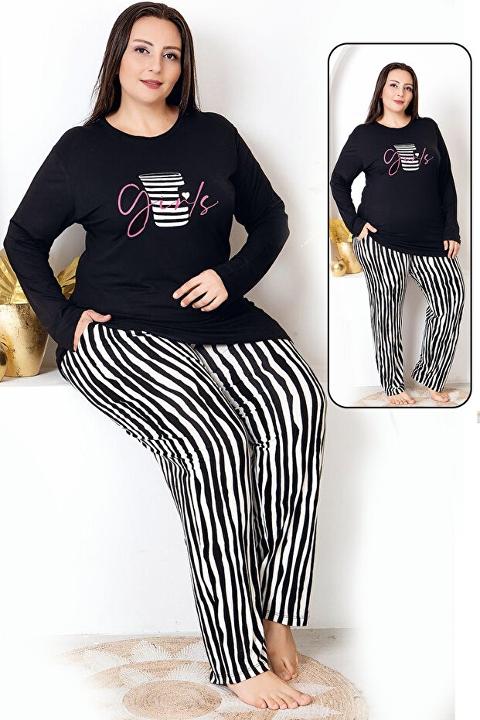 Çizgili Uzun Kollu Büyük Beden Cepli Pijama Takımı Lady 11398 - Siyah