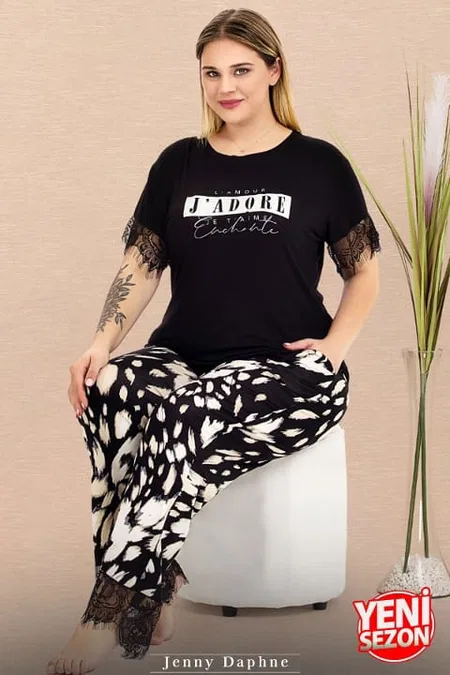Dalmaçya Desenli Dantelli Kısa Kollu Pijama Takımı Lady 10980 - Siyah