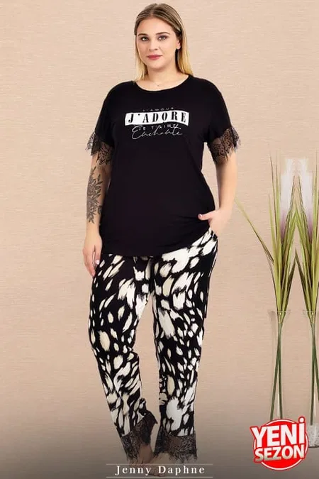 Dalmaçya Desenli Dantelli Kısa Kollu Pijama Takımı Lady 10980 - Siyah