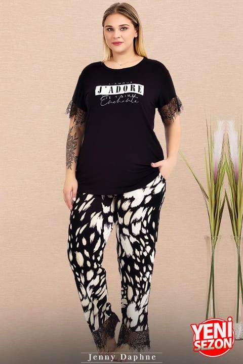 Dalmaçya Desenli Dantelli Kısa Kollu Pijama Takımı Lady 10980 - Siyah