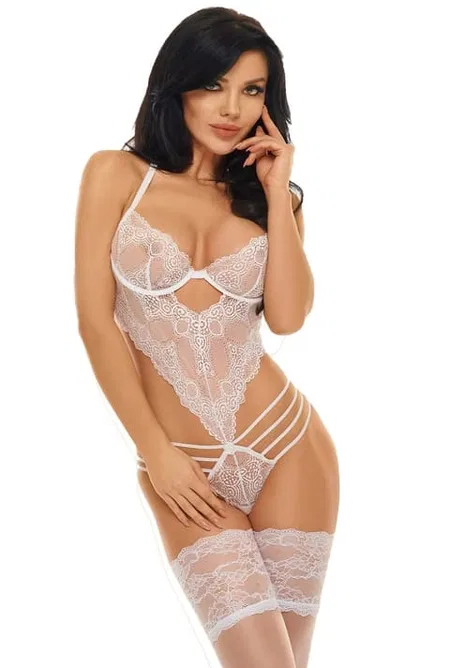 Dantel Beyaz Şeritli Dantelli Body SHE 2043 - Beyaz