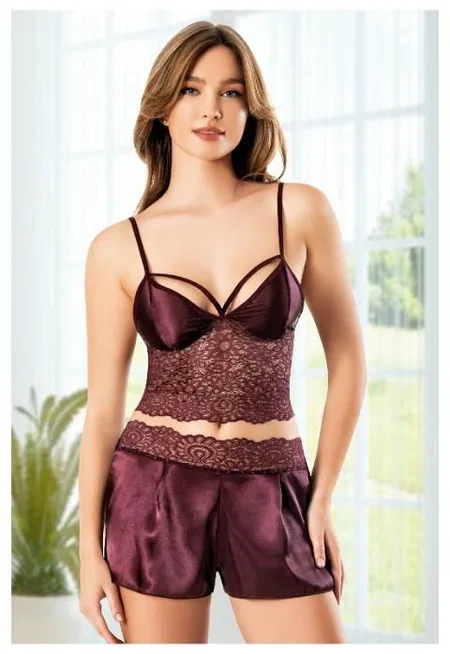 Dantel Büstiyerli İnce Askılı Saten Şort Pijama Takımı Miss Laris 3117