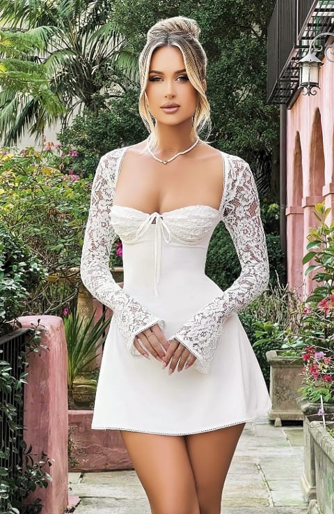 Dantel Kol Detaylı Beyaz Midi Elbise Pink Night 1311 - Beyaz