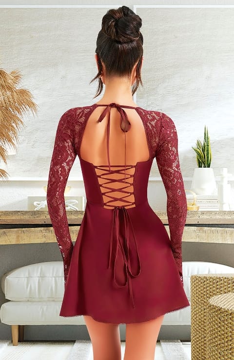 Dantel Kol Detaylı Midi Elbise Pembe Pink Night 1309 - Bordo