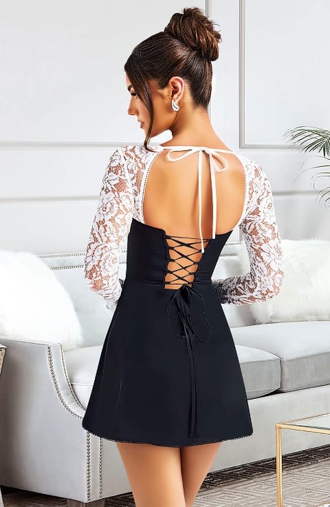 Dantel Kol Detaylı Dekolteli Midi Elbise Pink Night 1312 - Siyah