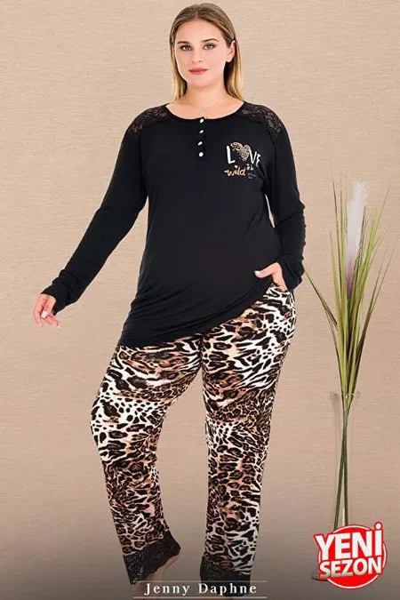 Büyük Beden Leopar Desenli Uzun Kollu Pijama Takımı Lady 11399
