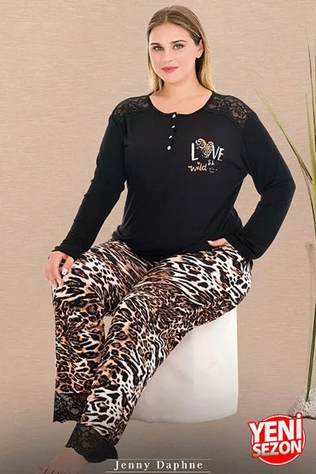 Büyük Beden Leopar Desenli Uzun Kollu Pijama Takımı Lady 11399 - 2