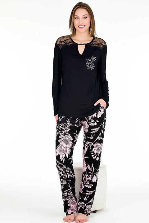 Dantel Yaka Gül Desenli Viskon Uzun Kollu Pijama Takımı Lady 11668