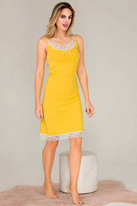 Dantel Yaka İnce Askılı Kadın Viskon Gecelik Sarı Lady 5513 - 2
