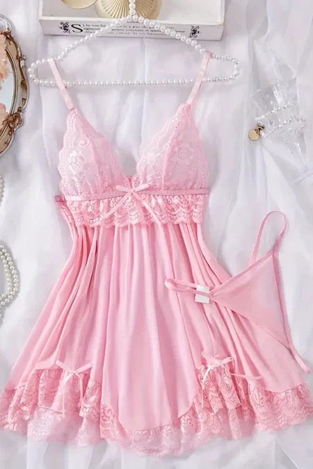 Dantelli Askılı Yumuşacık Tanga ve Gecelik Takım Pembe Merry See MS2380  - Pembe