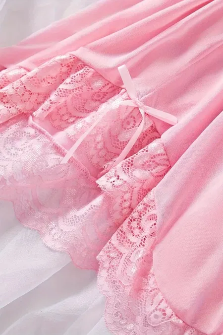 Dantelli Askılı Yumuşacık Tanga ve Gecelik Takım Pembe Merry See MS2380  - Pembe
