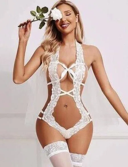 Derin Dekolteli Dantel Fantazi Body Venlisa 2906 - Beyaz
