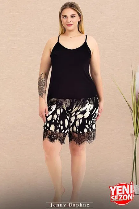 Dantelli Desenli Büyük Beden Şortlu Pijama Takımı Lady 10425 - 2