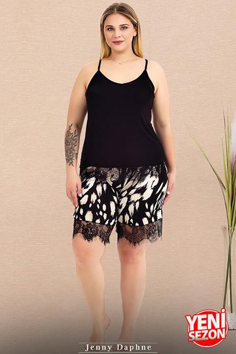 Dantelli Desenli Büyük Beden Şortlu Pijama Takımı Lady 10425 - Siyah