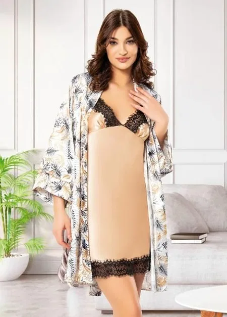Dantelli Desenli Saten Askılı Gecelik Takım Miss Laris 5004 - Bej