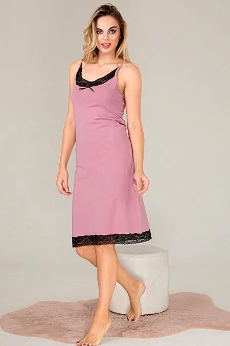 İnce Askılı Dantelli Midi Gecelik Lila Viskon Lady 5510 - 2