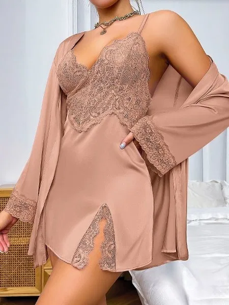 Dantelli İnce Askılı Uzun Kollu Gecelik Takım Siyah-Gri Pink Night 1538 - Pudra