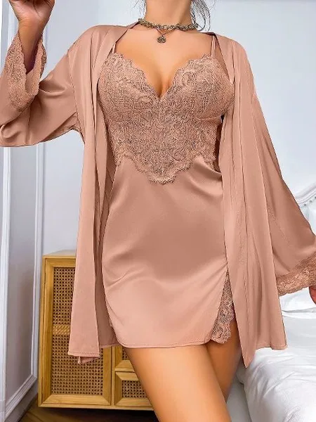 Dantelli İnce Askılı Uzun Kollu Gecelik Takım Siyah-Gri Pink Night 1538 - Pudra
