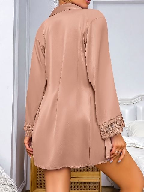 Dantelli İnce Askılı Uzun Kollu Gecelik Takım Siyah-Gri Pink Night 1538 - Pudra