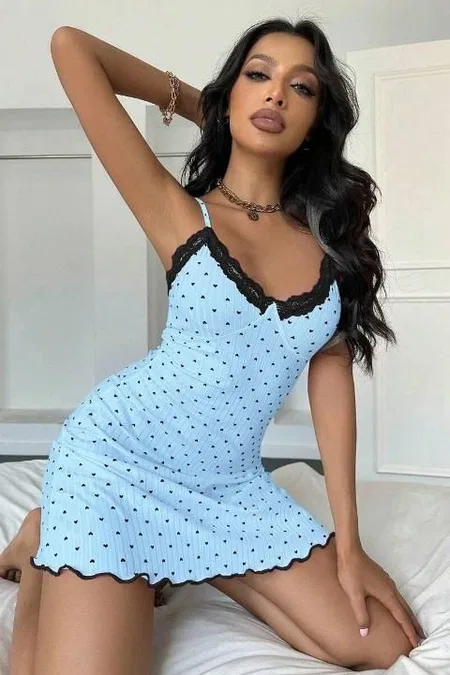 İnce Askılı Dantelli Mavi Kısa Gecelik Ruselin 5068