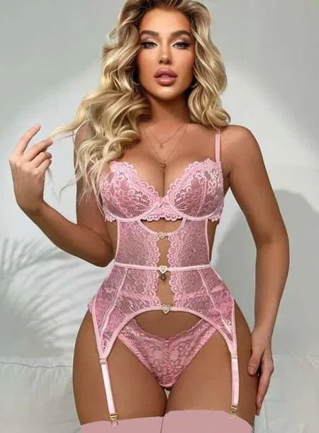 Dantel Detaylı Kalpli Bodysuit Jartiyer Takım Loomerie 392 - Pembe