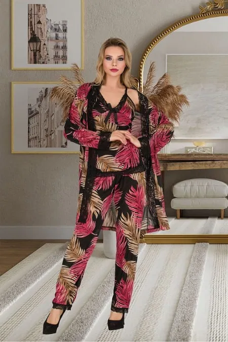 Dantelli Kurdelalı Pijama Takımı Kadın Gecelik İzabel 5015 - Siyah