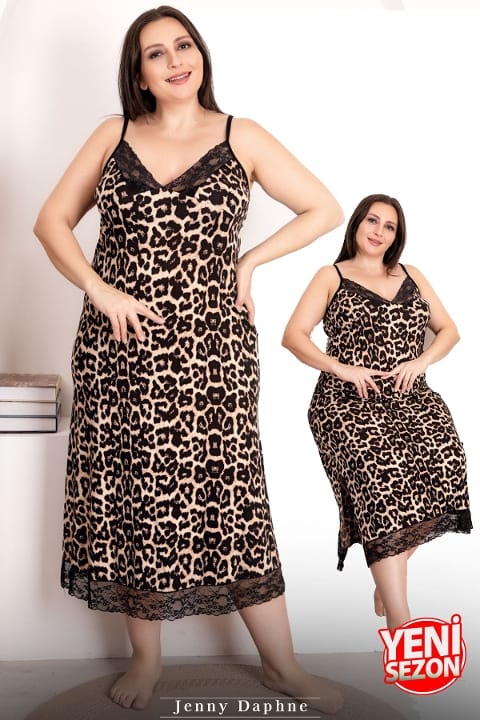 Dantelli Leopar Desenli Askılı Kadın Elbise Somon Lady 7254 - Siyah