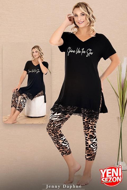 Dantelli Leopar Desenli V Yaka Kısa Kollu Kapri Kadın Pijama Takımı Lady 12079 - Siyah