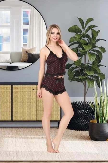 Dantelli Puantiyeli Kısa Şortlu Pijama Takım İzabel 0106 - Siyah