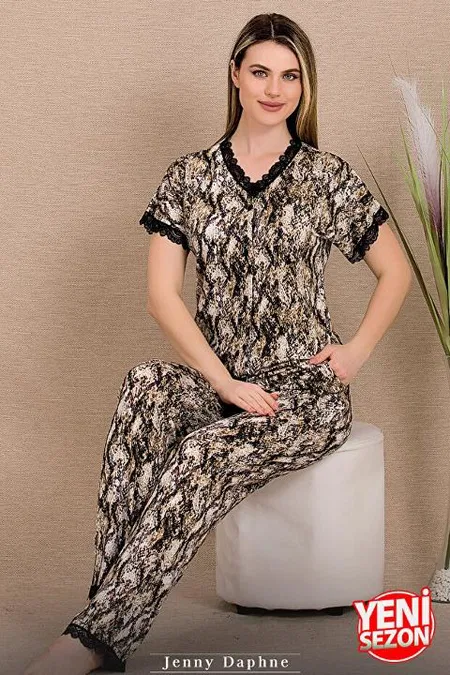 Dantelli Üst Düğmeli Kısa Kollu Pijama Takımı Lady 12481 - 2