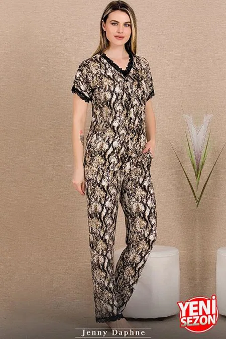 Dantelli Üst Düğmeli Kısa Kollu Pijama Takımı Lady 12481 - Yeşil