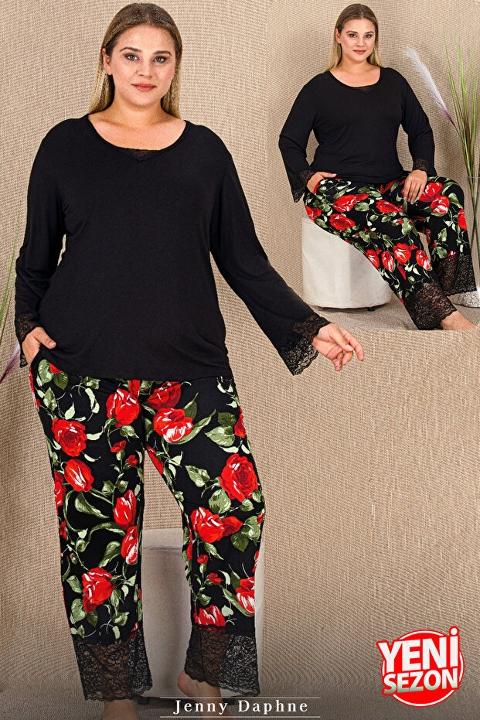 Dantelli Gül Desenli Uzun Kollu Pijama Takımı Lady 11422 - Siyah