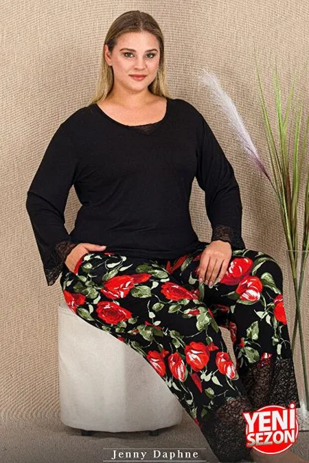 Dantelli Gül Desenli Uzun Kollu Pijama Takımı Lady 11422 - 2