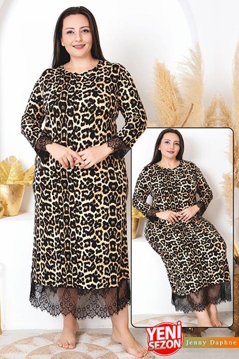Leopar Desenli Uzun Kollu Büyük Beden Gecelik Somon Lady 7284