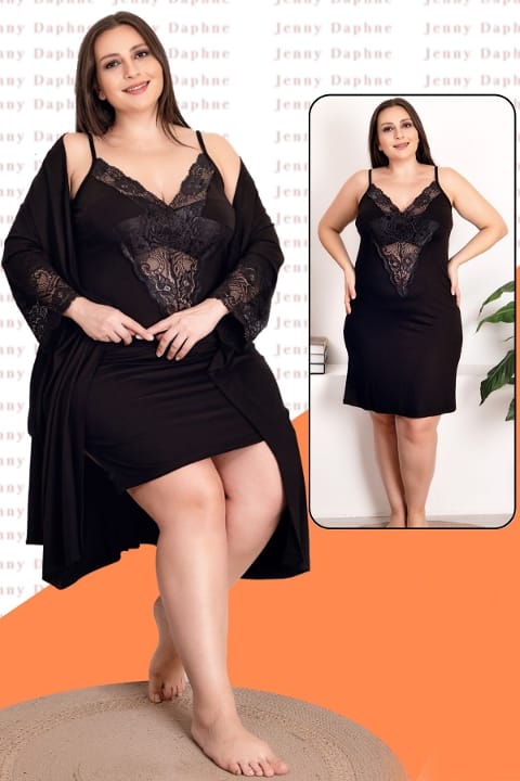 Dantelli Viskon Somon Gecelik Sabahlık Takımı Lady 19220