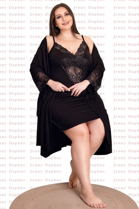 Dantelli Viskon Somon Gecelik Sabahlık Takımı Lady 19220 - Siyah