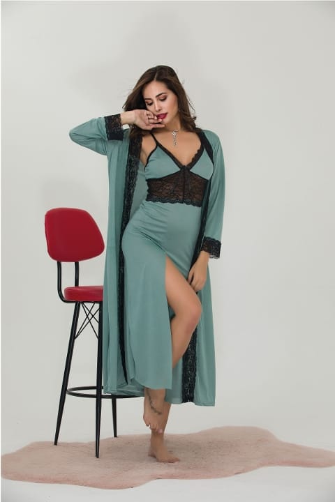 Dantelli Yeşil Büyük Beden Uzun Sabahlık Gecelik Takımı İzabel 7005 - Yeşil