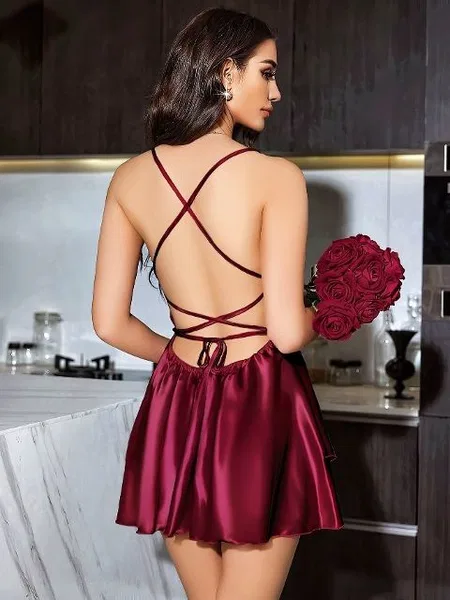 Saten Malzeme Degaje Yaka Gecelik Sabahlık Takım Pink Night 1501 - Bordo