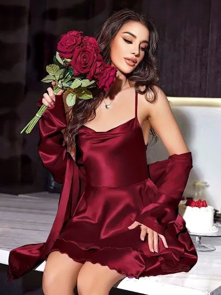 Saten Malzeme Degaje Yaka Gecelik Sabahlık Takım Pink Night 1501 - Bordo