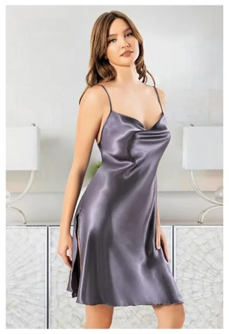 Derin Yırtmaçlı Askılı Saten Gecelik Miss Laris 2138 - Gri