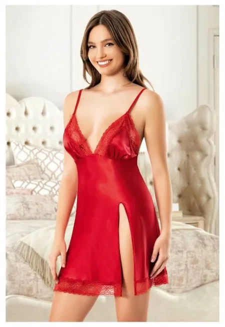 Derin Yırtmaçlı İnce Askılı Saten Gecelik Kadın Miss Laris 2129 - Kırmızı