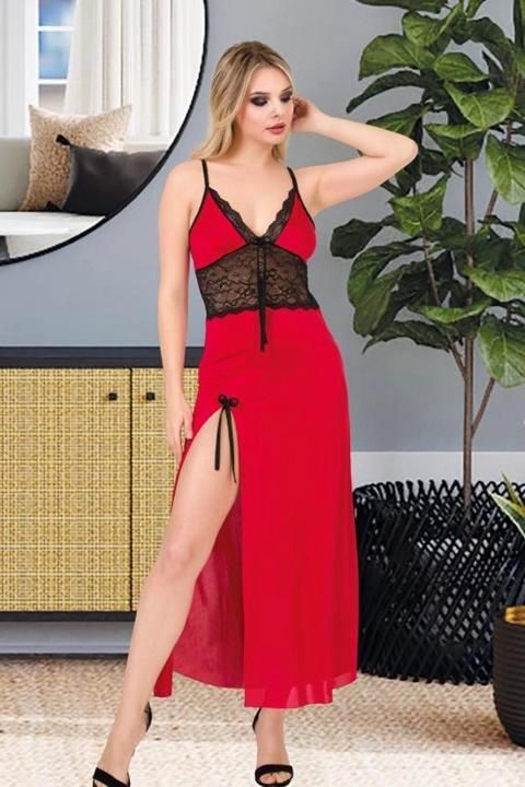 Derin Yırtmaçlı Kırmızı Uzun Gecelik Elbise Tek Parça Dantel İzabel 2020 - Kırmızı
