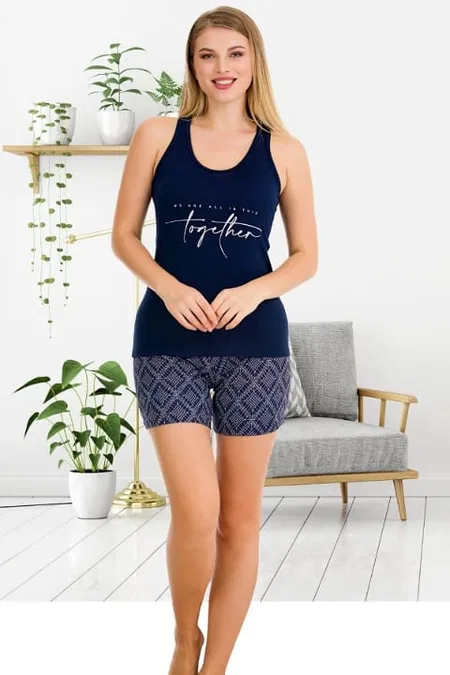 Çiçek Desenli Kalın Askılı Şortlu Kadın Pijama Takımı Lady 7715 - Lacivert