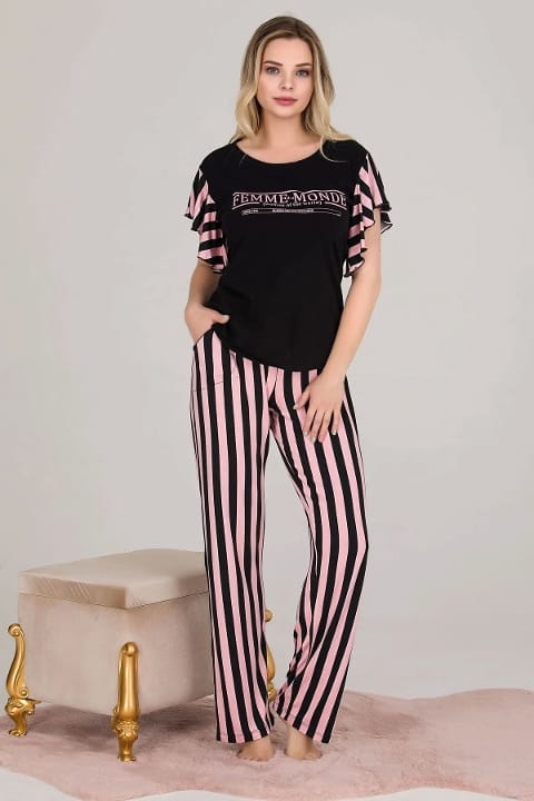 Desenli Kısa Kol Kadın Pijama Takımı Somon Lady 12523