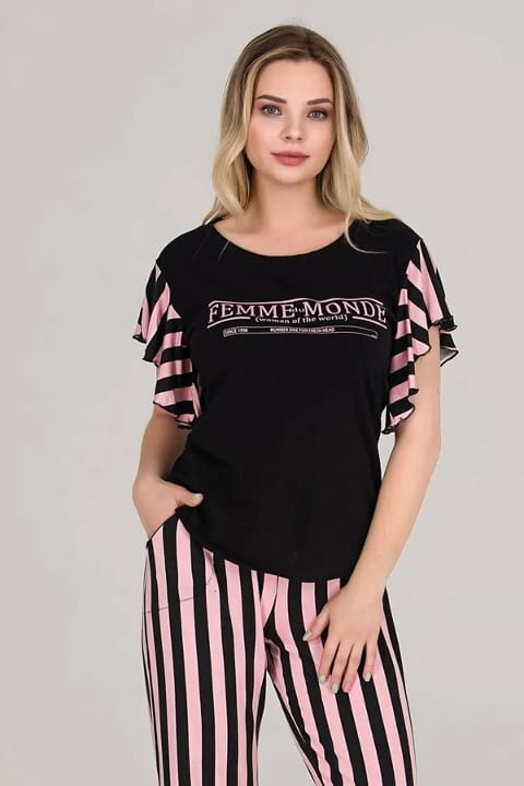 Lady Desenli Kısa Kol Kadın Pijama Takımı Somon Lady 12523 - Görsel 3