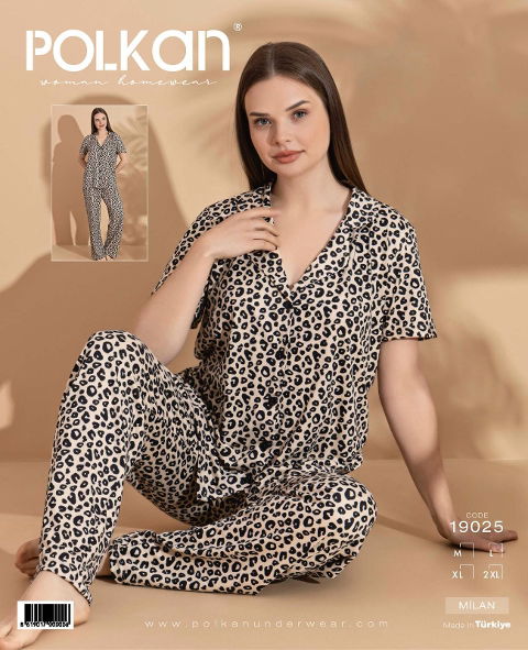 Desenli V Yaka Kısa Kollu Pijama Takımı Polkan 19025