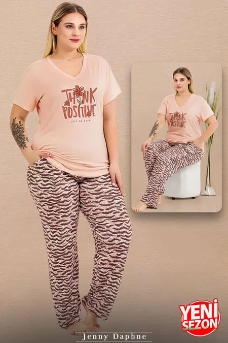 Desenli V Yaka Kısa Kollu Büyük Beden Pijama Takımı Lady 11003 - Somon