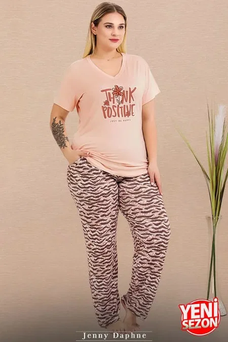Desenli V Yaka Kısa Kollu Büyük Beden Pijama Takımı Lady 11003 - Somon